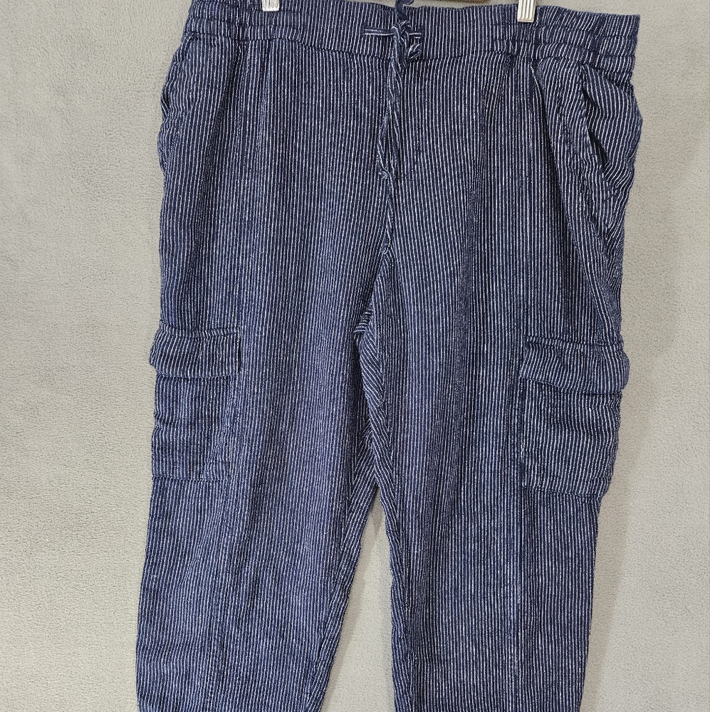 Old Navy Womens Large Pants Linen Blend Cargo Navy Pinstriped Pockets Drawstring
